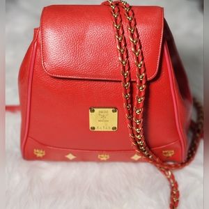 MCM Vintage Red Leather Braided Chain Small Backpack